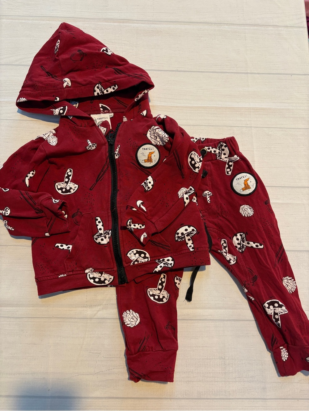 Kids Mushroom Print Hoodie & Jogger Set - Deep Red